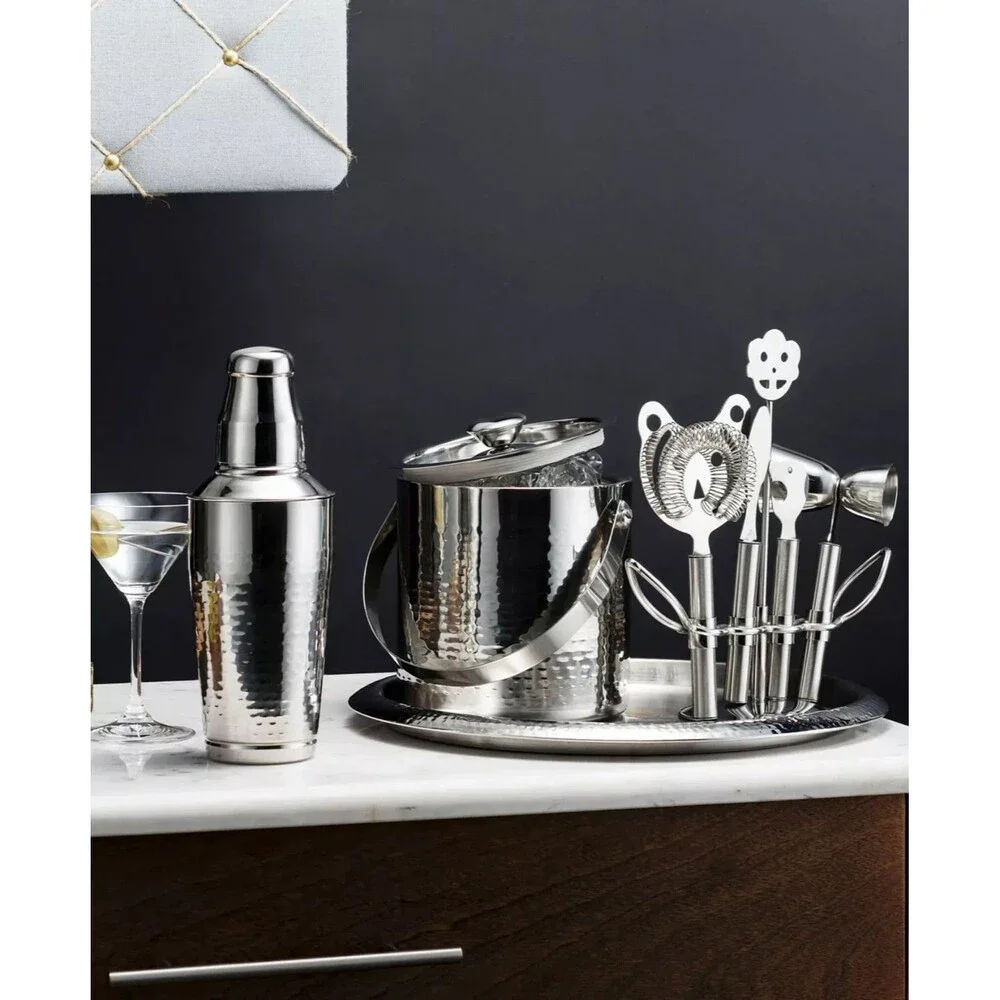 Godinger Hammered Stainless Steel 9‑Piece Barware Set – Sleek Home Bar Gift Set